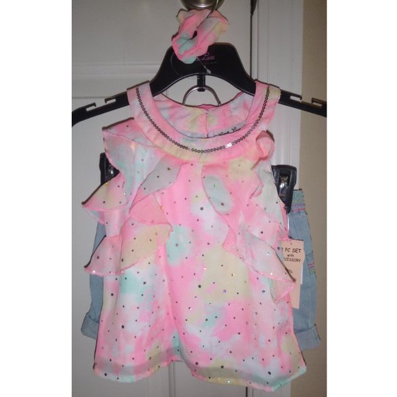 Girls Little Lass 3 Pc Flutter Tank Top & Shorts Scrunchie Set  Size 4 5 6 NWT - Picture 2 of 4